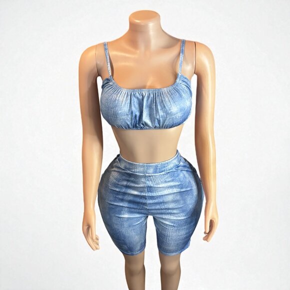 High-waisted Two Piece Blue Short Set - Picture 7 of 7